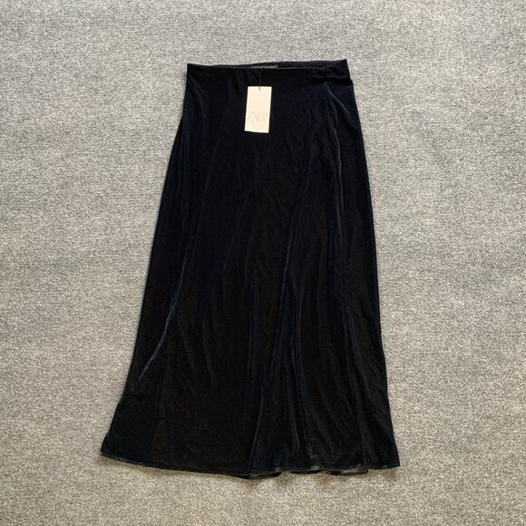 Zara Skirt Womens Extra Small Charcoal Velvet Autumn Elastic Waist Pull On Midi - Picture 2 of 12